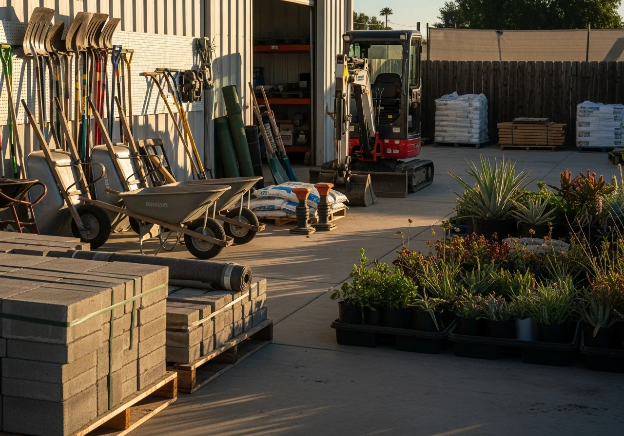 Landscape crew with tools and equipment ready for hardscape installation work on a residential property.