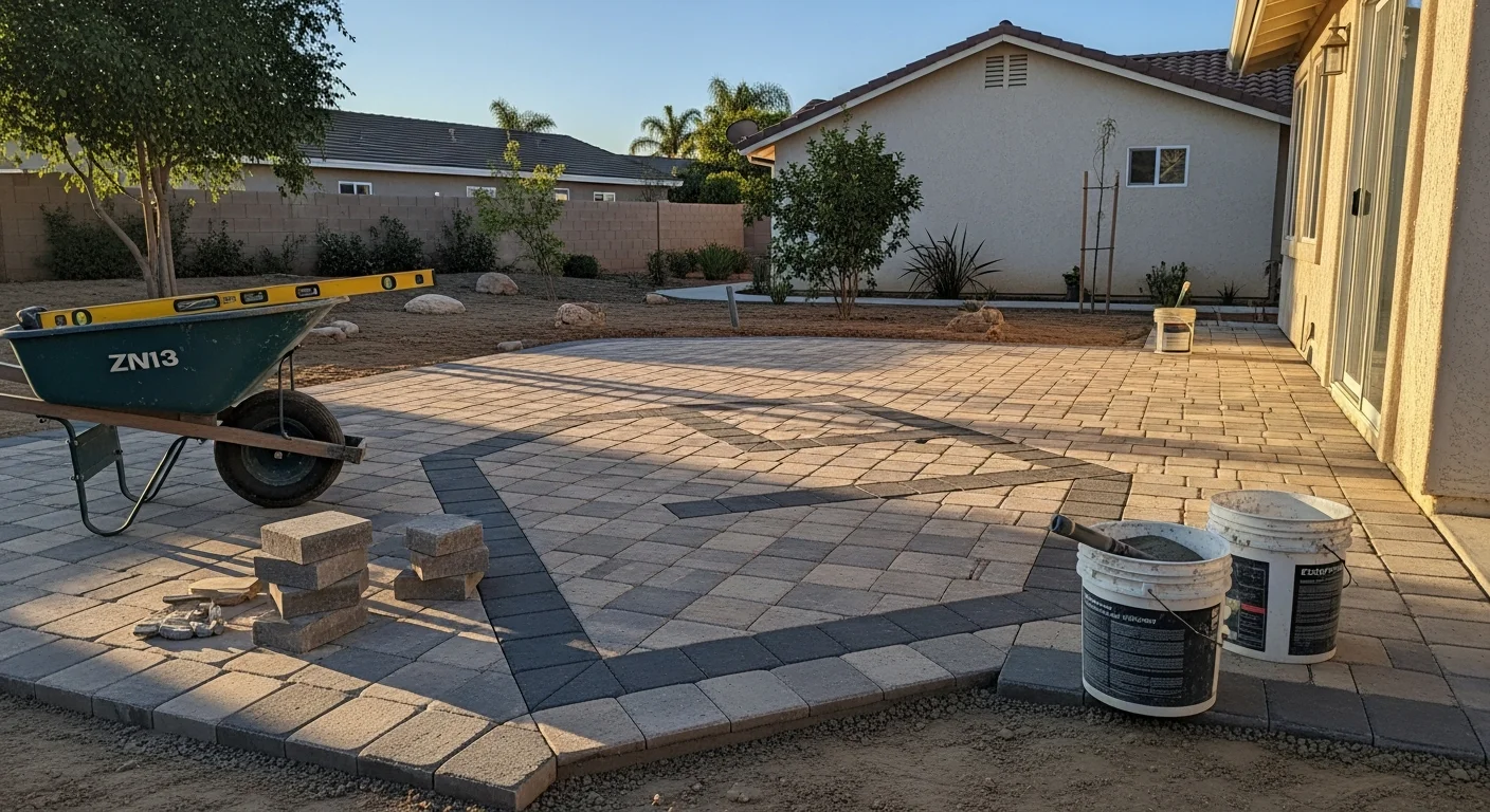 Hardscape contractor installing concrete patio and decorative pavers in San Diego