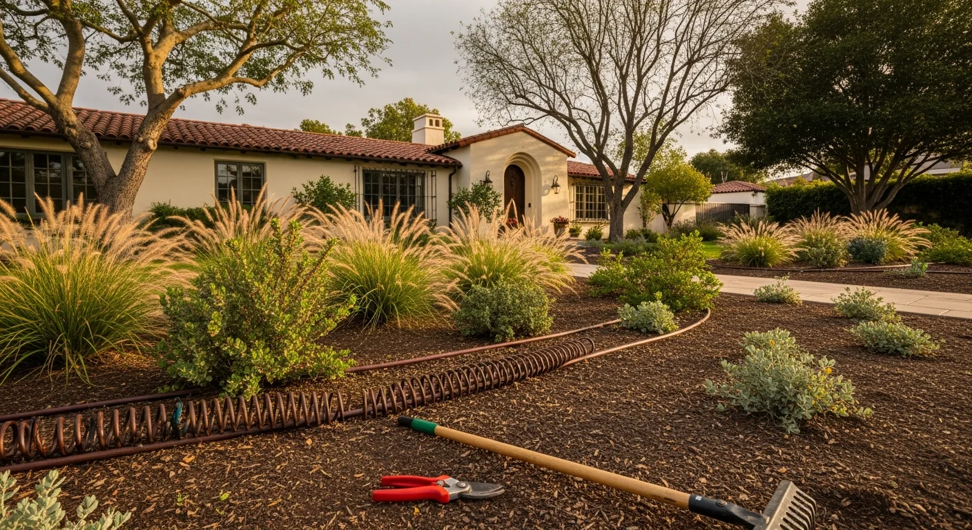 Landscape maintenance crew caring for plants and irrigation systems in San Diego yard