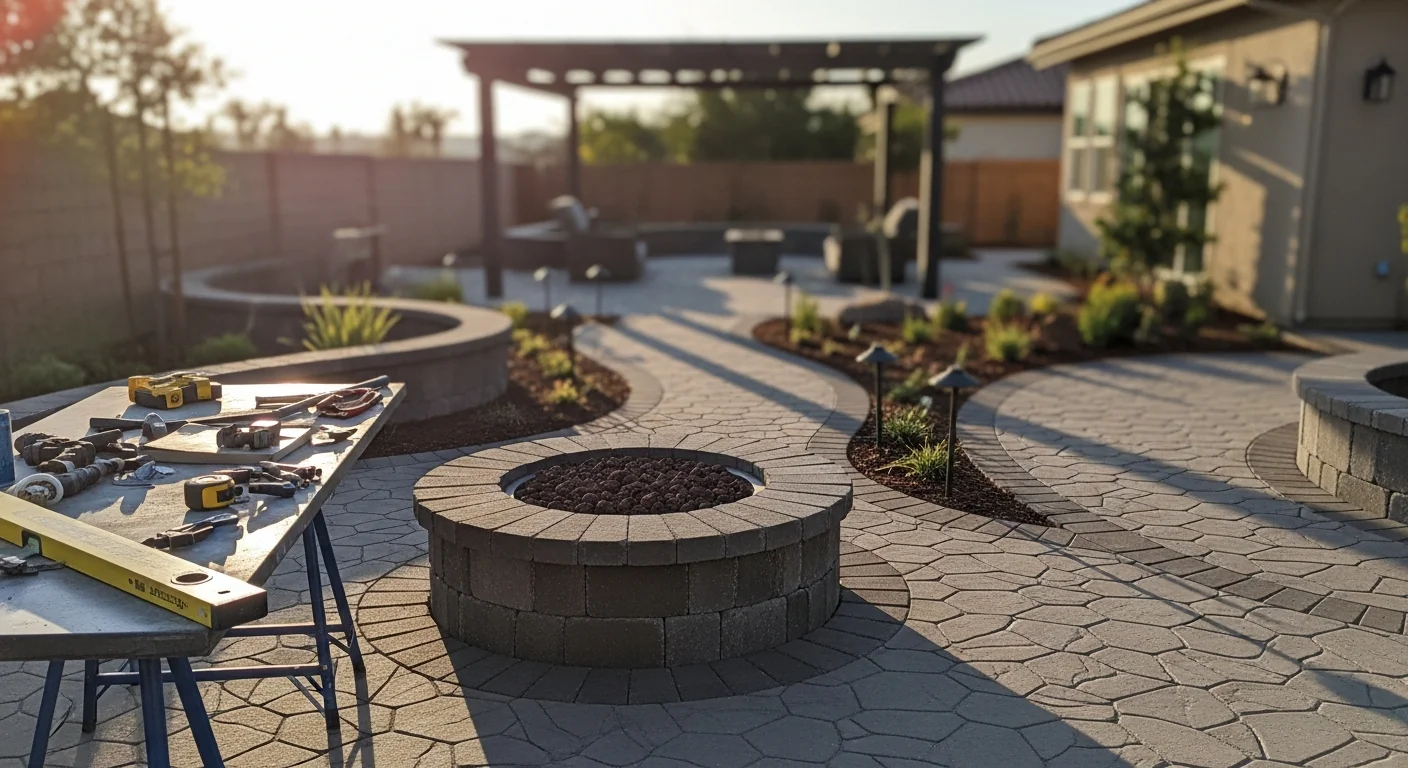 Outdoor living space with installed firepit, outdoor kitchen, and landscape lighting