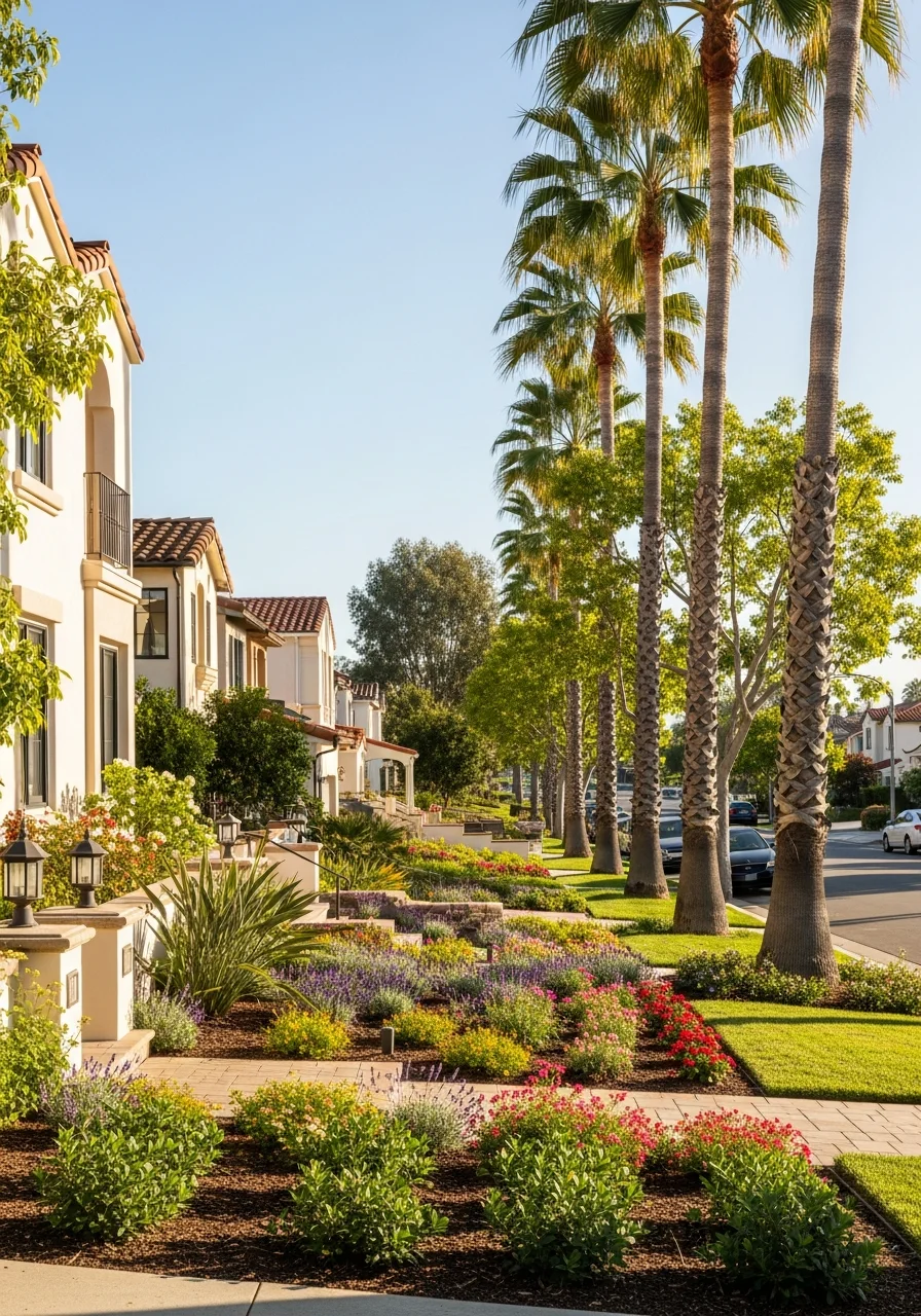 Carlsbad village-style street with mixed architectural styles and well-maintained properties.