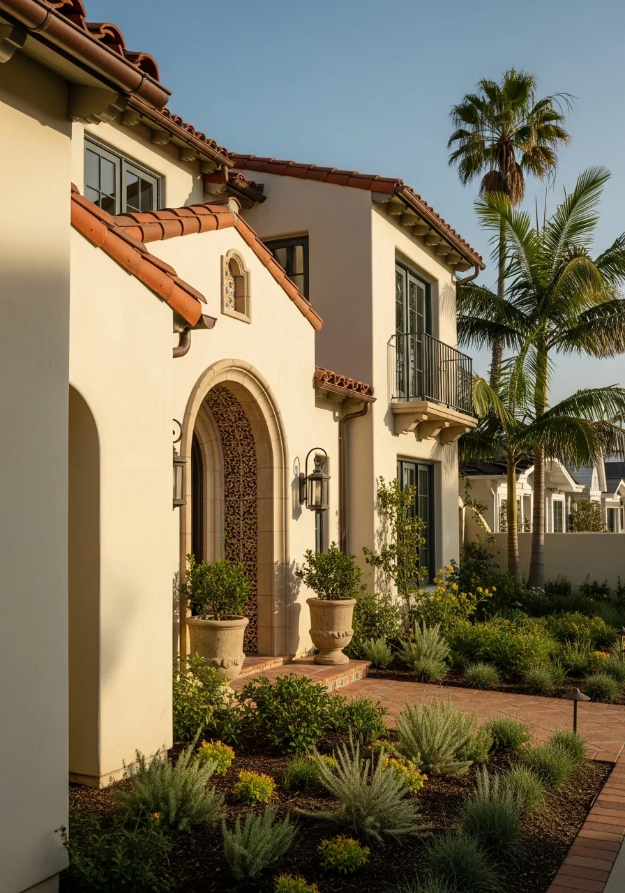 Close-up of a Coronado home's architectural details with coastal landscaping and mature trees.