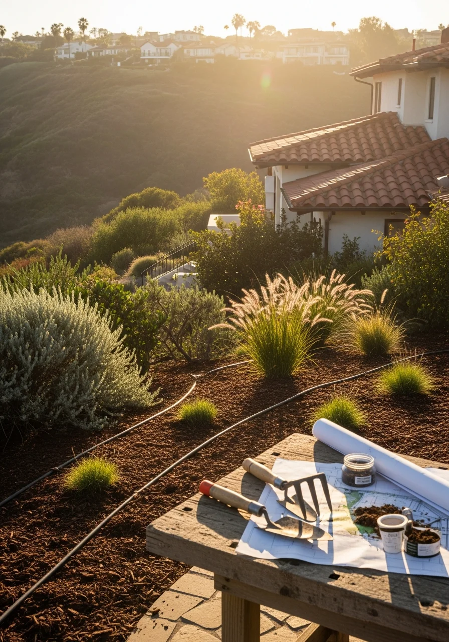 Encinitas hillside neighborhood with varied architectural styles and natural landscaping.