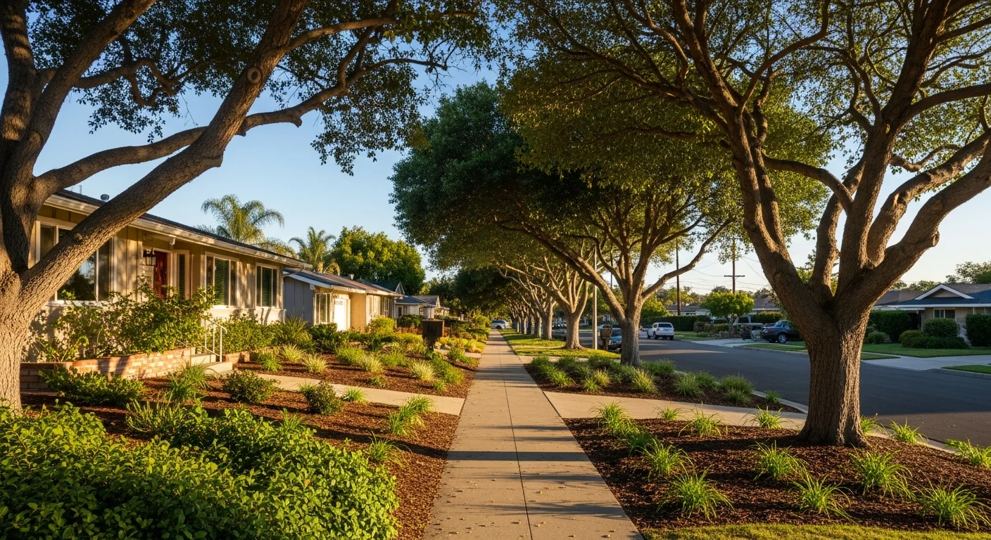 Tree-lined residential street in La Mesa with mid-century homes and mature landscaping under clear blue sky.