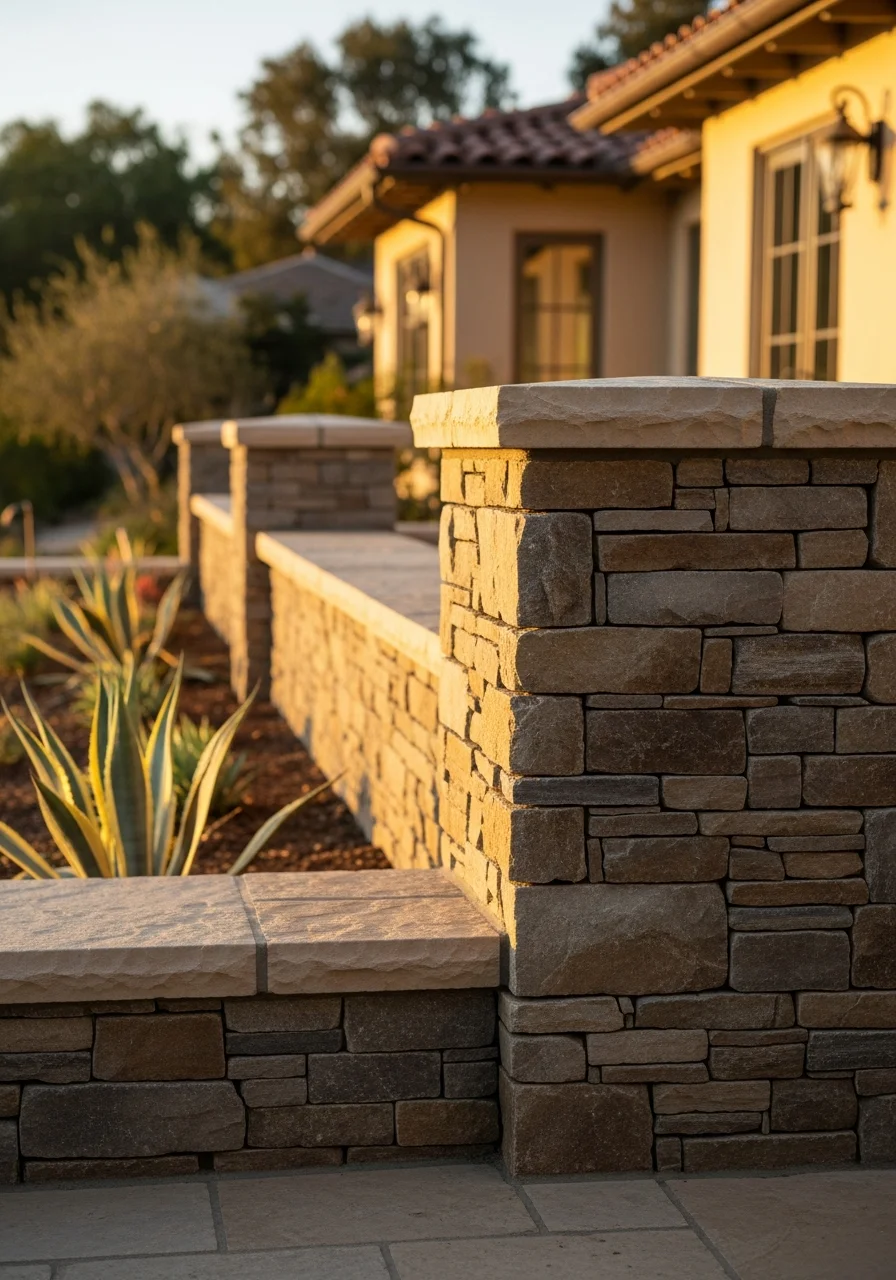 Detailed view of high-end architectural elements and custom stonework on a Rancho Santa Fe property.