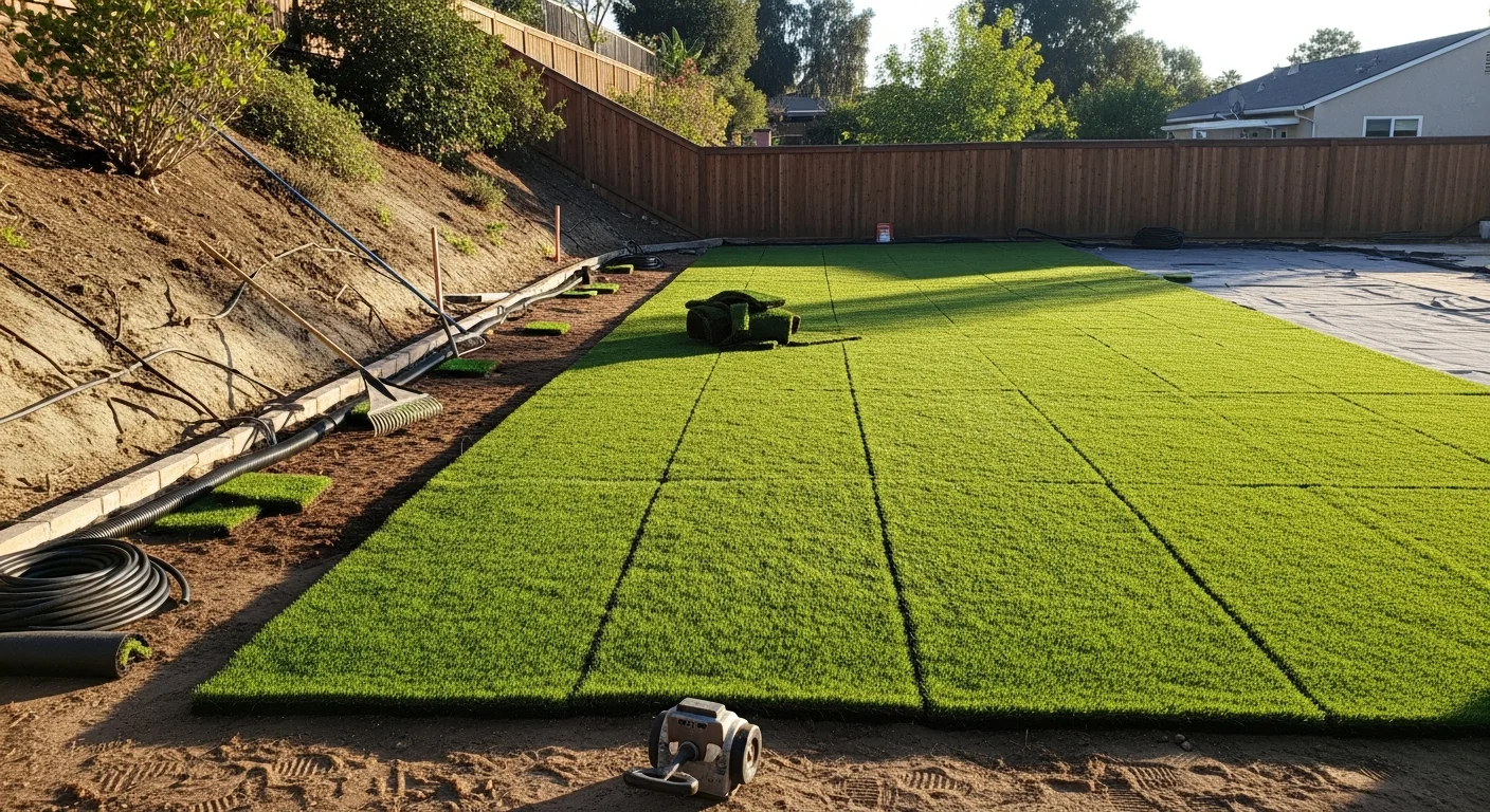 Freshly installed artificial turf covering the backyard of a La Mesa residential property, showing a smooth, green surface bordered by concrete edging. A hillside lot with warm afternoon light reflects the inland Southern California setting.