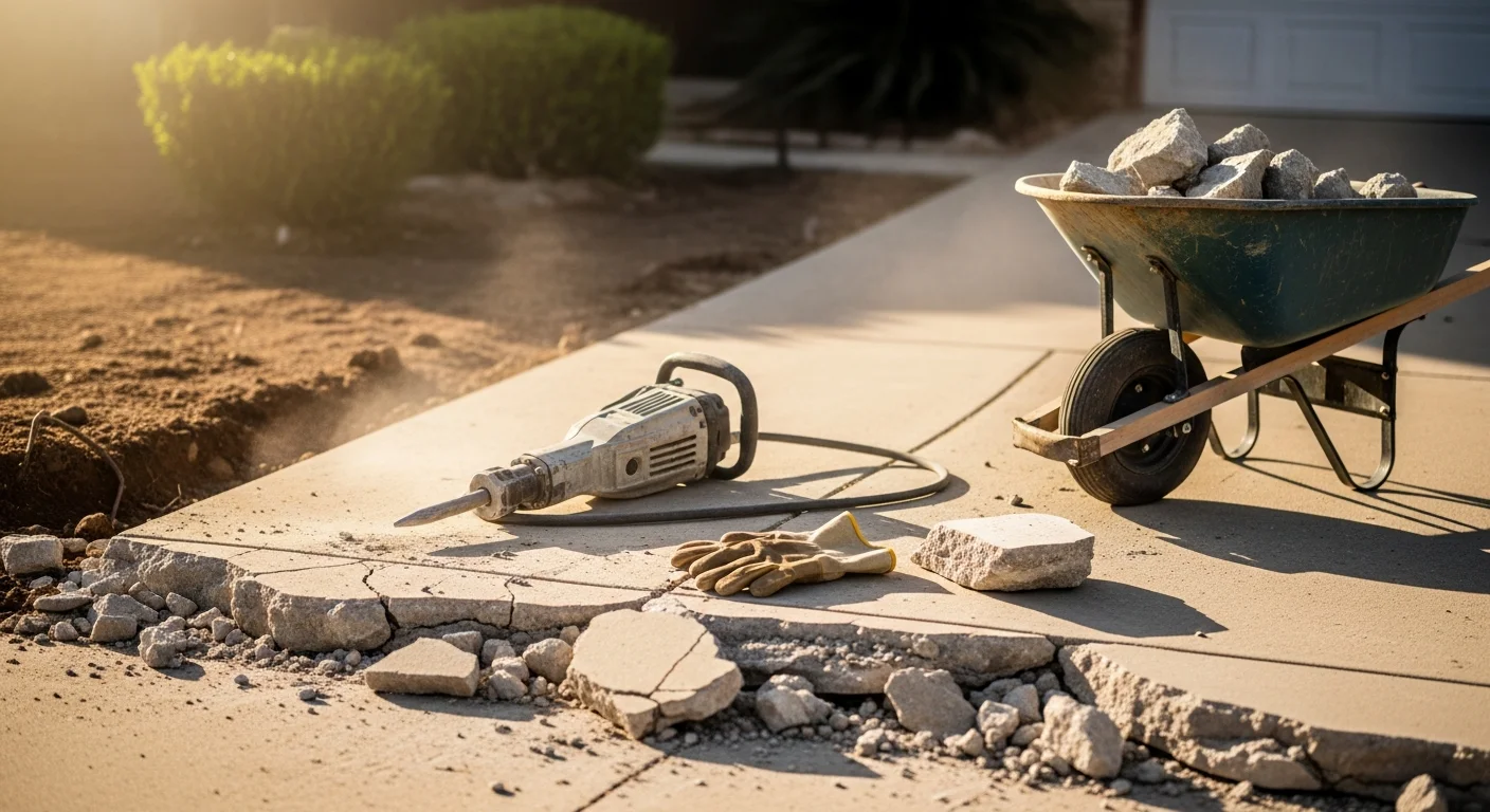 Broken concrete driveway slab being removed from a residential property in La Mesa, California. Chunks of demolished concrete are stacked near the cleared base, ready for debris hauling.
