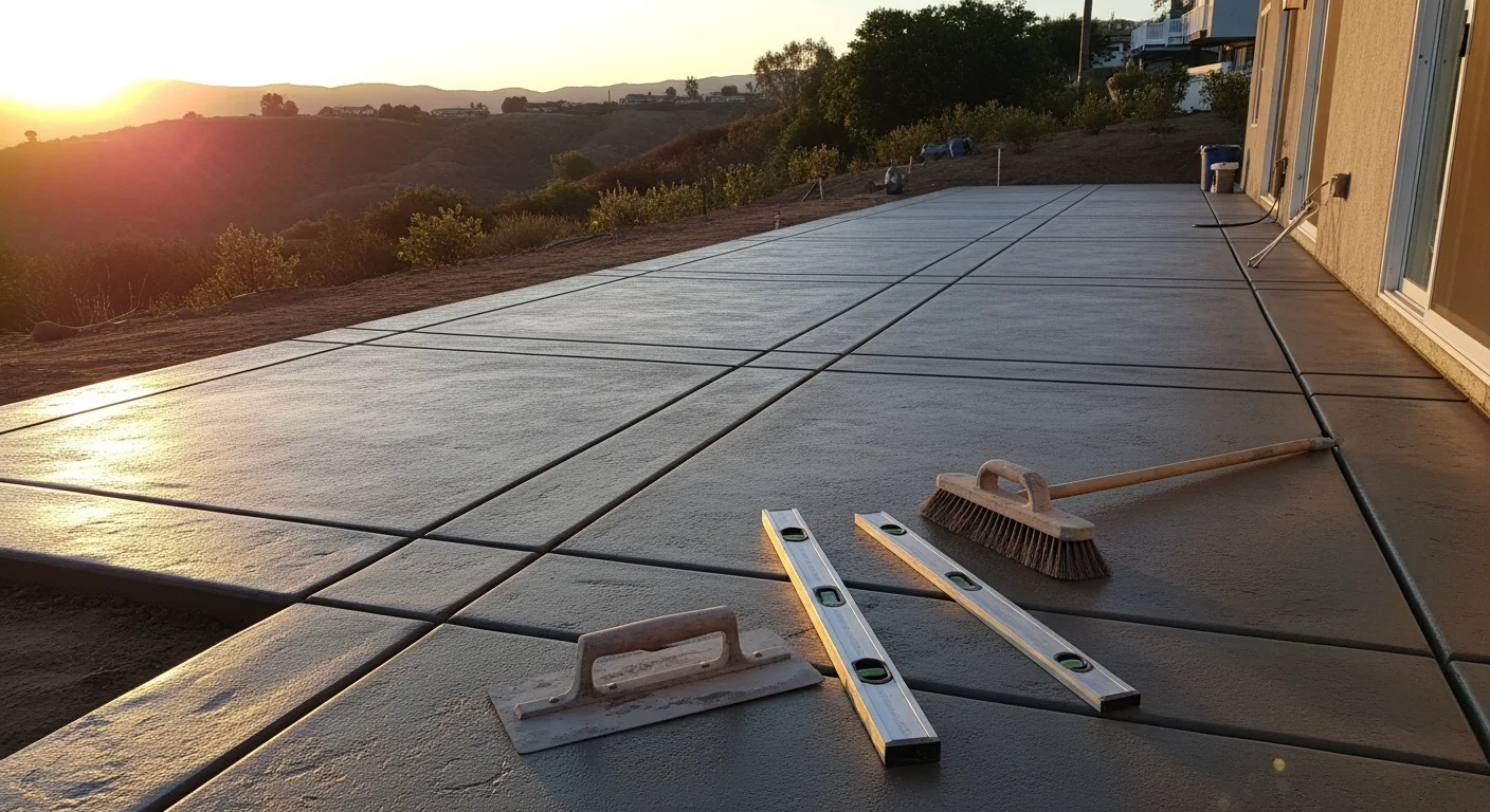 Freshly finished concrete patio surface at a residential property in La Mesa, California, showing a clean broom texture and defined slab edges. The patio connects to a hillside backyard with a graded drainage slope away from the home's foundation.