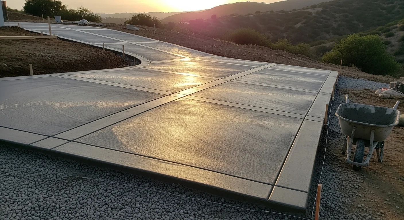 Freshly installed concrete driveway on a sloped residential lot in La Mesa, California, with a clean broom finish and visible grading along the edges. The surrounding yard shows a dry Southern California landscape with the home's front entry visible in the background.