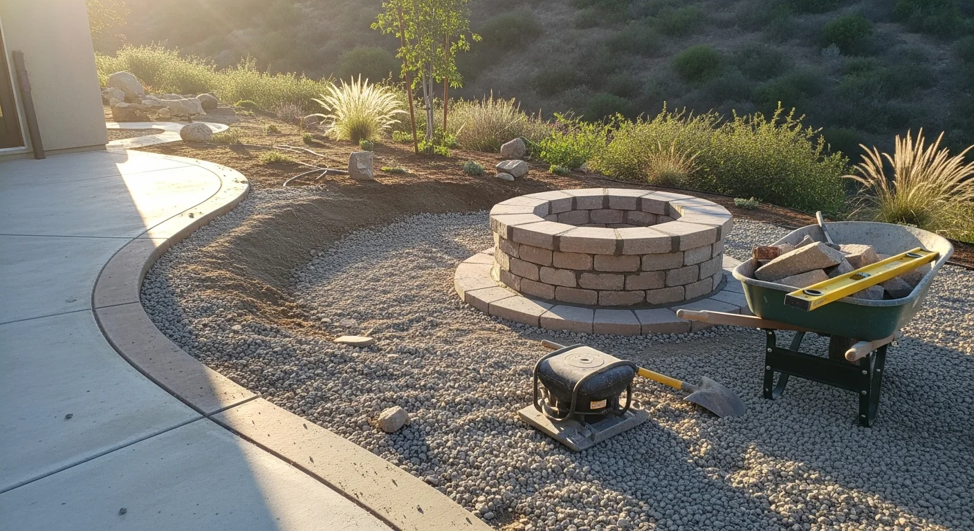 A built-in stone firepit installed in a La Mesa backyard, surrounded by a paved patio and low-maintenance landscaping. The firepit is centered in an outdoor seating area with a hillside yard visible in the background.