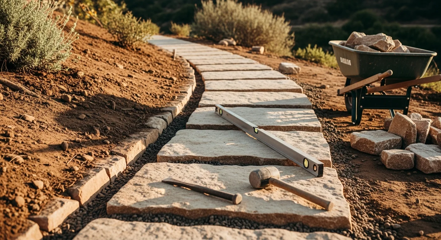 A finished backyard hardscape installation at a La Mesa hillside home, showing a paved patio and retaining wall built on a sloped lot. The surface is level and bordered by a low stone wall with a clear drainage path along the edge.