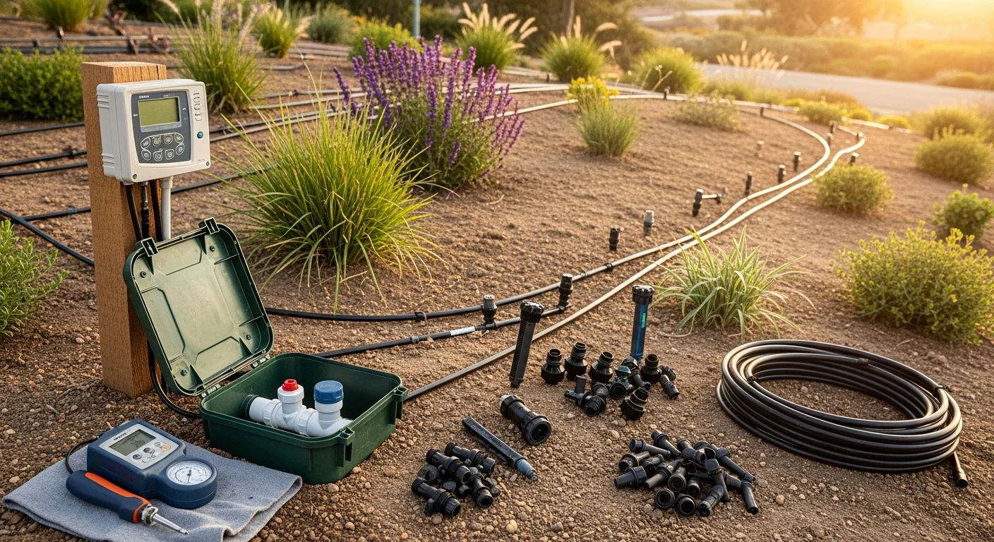 A landscape technician inspecting and adjusting a sprinkler head in a residential yard in La Mesa, California. Green lawn and drought-tolerant plantings are visible in the background under bright Southern California sunlight.