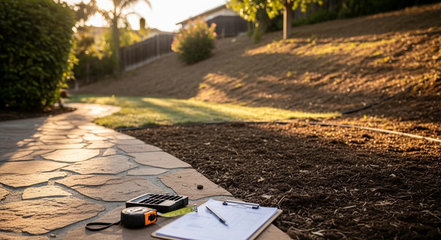 A La Mesa residential yard during a landscape consultation, with a professional reviewing a sloped property's drainage, plant layout, and sun exposure on a clear Southern California day.