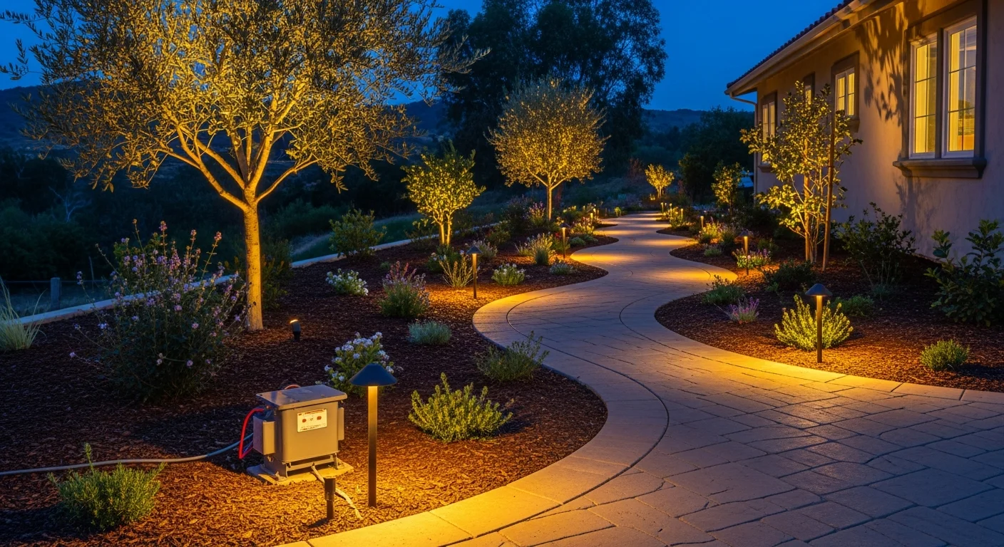 A La Mesa backyard at dusk with low-voltage pathway lights lining a stone walkway and uplighting aimed at a mature tree near a patio seating area. The lighting design by HLE Landscape & Design shows layered fixture placement across a sloped residential lot.