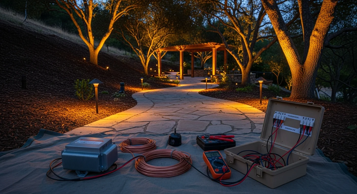 Professionally installed outdoor pathway and accent lighting illuminating a hillside backyard in La Mesa, California, with lit steps, a covered patio, and uplighting on mature trees at dusk.