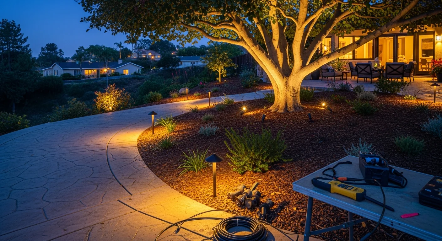 A La Mesa residential backyard at night with low-voltage pathway lights lining a stone walkway and accent fixtures illuminating a mature tree and patio seating area. The lighting is even and contained, with no visible spill onto the neighboring fence line.