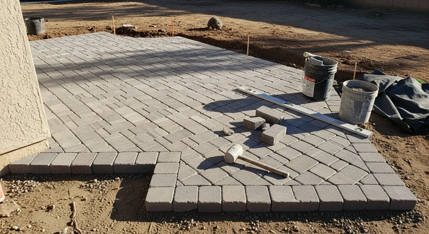 Freshly installed interlocking pavers forming a wide backyard patio at a residential property in La Mesa, California. Clean joint lines, a compacted base edge, and warm-toned stone units are visible in bright Southern California sunlight.
