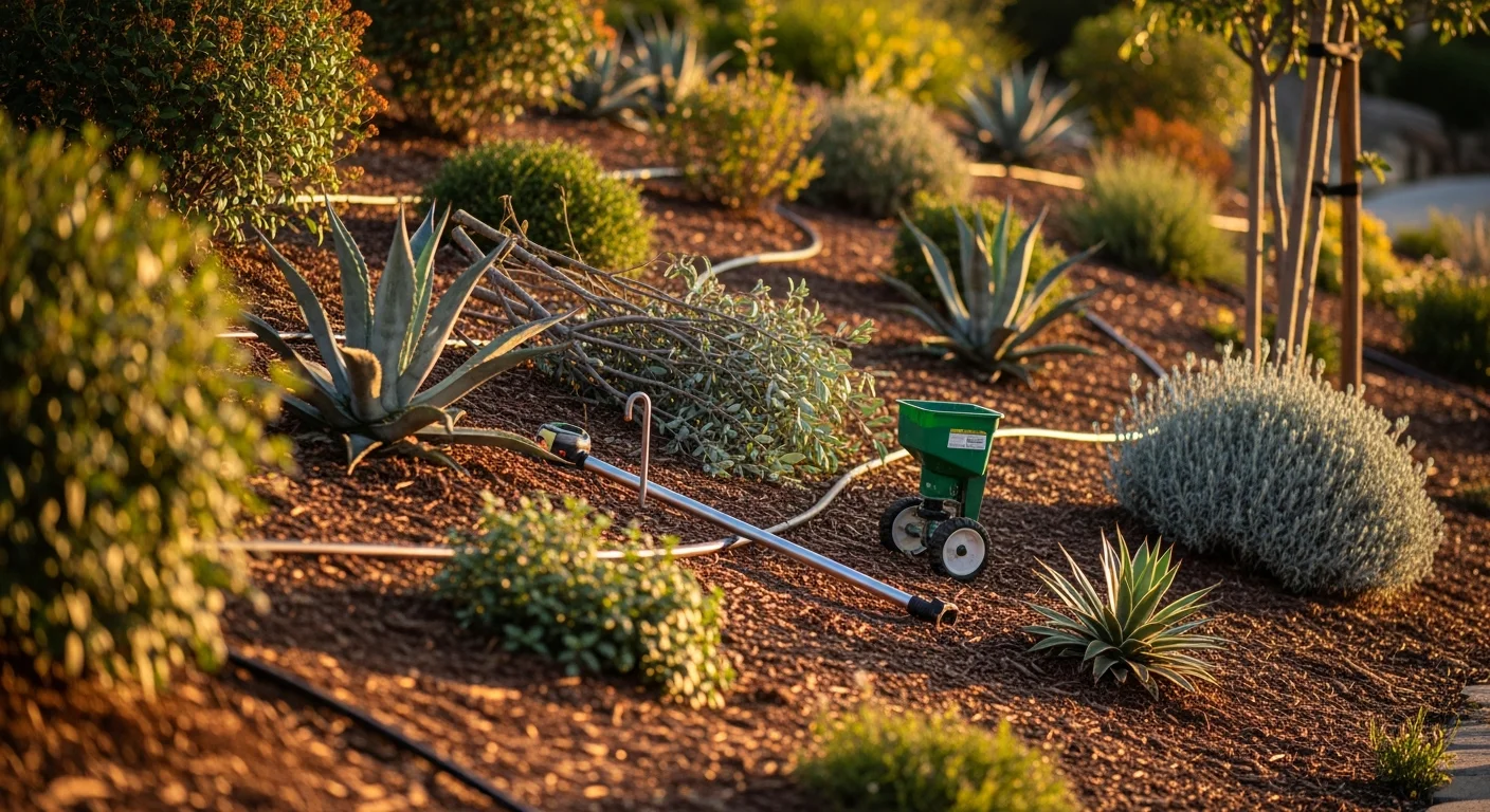 A well-maintained residential planting bed in La Mesa, California, with pruned shrubs, cleared soil, and healthy drought-tolerant plants on a sloped yard. A landscape maintenance worker from HLE Landscape & Design tends to the plants under clear Southern California skies.