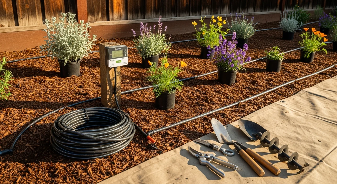 A La Mesa residential front yard with freshly installed drought-tolerant planting beds and a drip irrigation system running along the base of the plants. The yard shows healthy, low-water plants set in amended soil against a warm inland California backdrop.