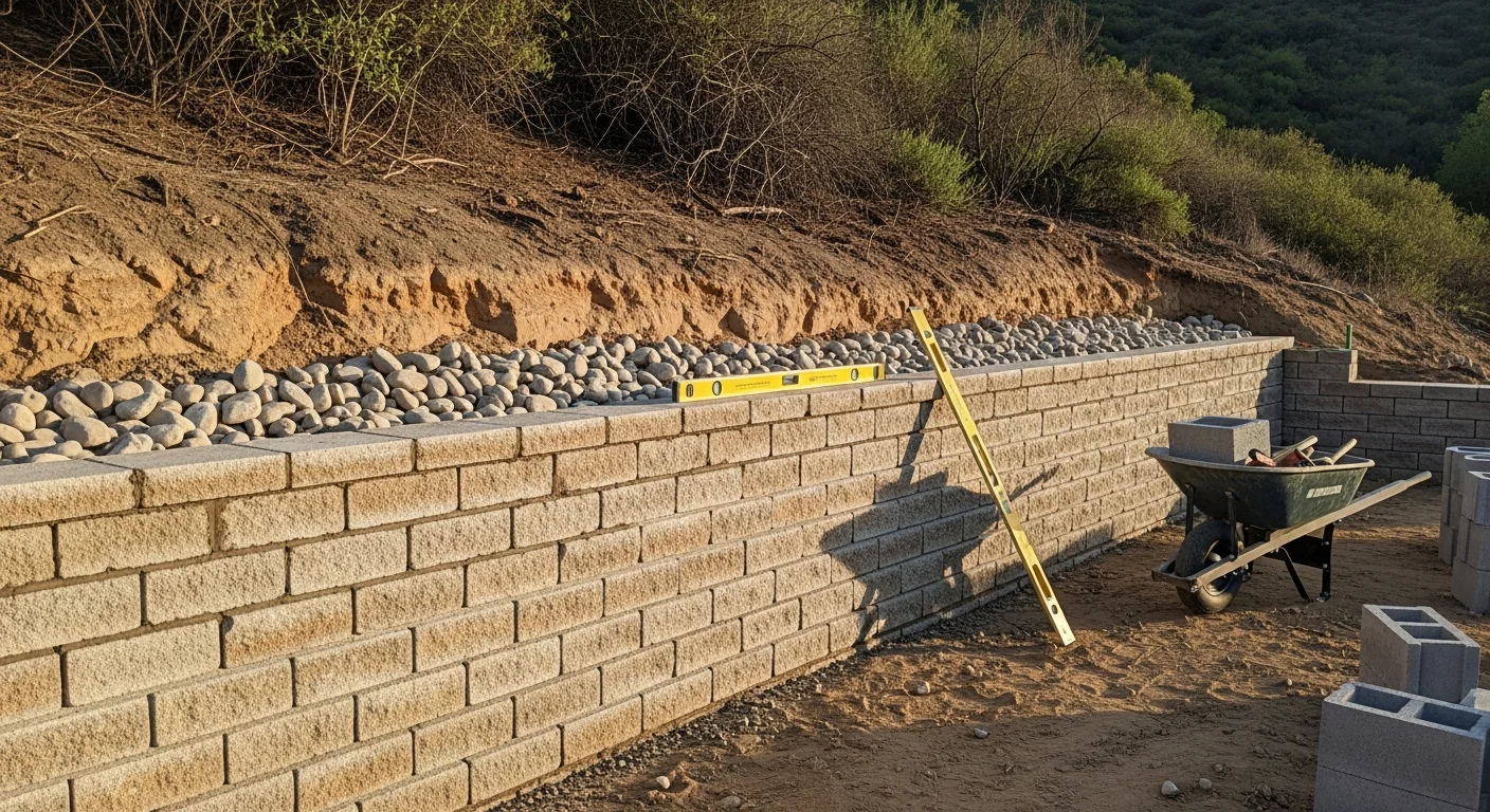 A newly installed retaining wall on a sloped residential lot in La Mesa, California, with terraced levels holding back hillside soil. The wall creates a flat usable yard area behind a single-family home with a dry Southern California landscape in the background.